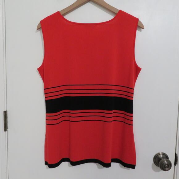 Misook Womens Sz L Red Orange Black Striped Sleeveless Knit Top - Picture 2 of 5